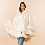 Faux Fur Trim Hooded Elegant Drape Cape Poncho - Madeline Love - Flyclothing LLC
