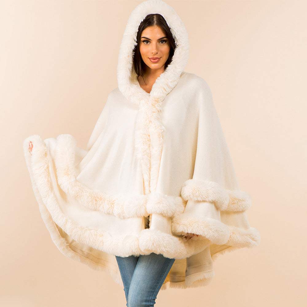 Faux Fur Trim Hooded Elegant Drape Cape Poncho - Madeline Love - Flyclothing LLC