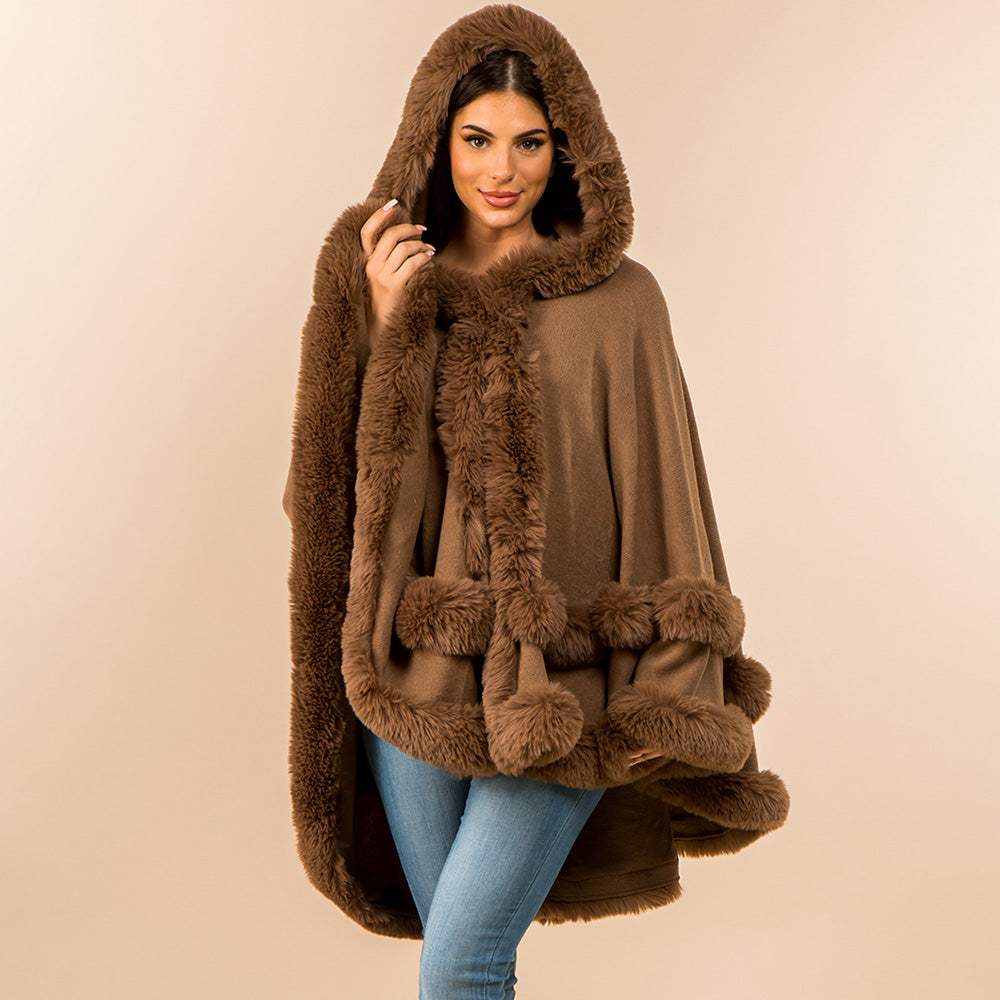 Faux Fur Trim Hooded Elegant Drape Cape Poncho - Madeline Love - Flyclothing LLC