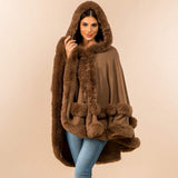 Faux Fur Trim Hooded Elegant Drape Cape Poncho - Madeline Love - Flyclothing LLC