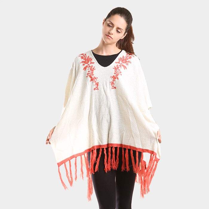 Embroidered flower vine & tassel poncho sweater - Madeline Love - Flyclothing LLC