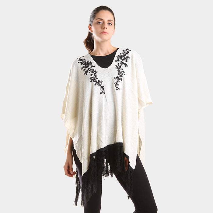 Embroidered flower vine & tassel poncho sweater - Madeline Love - Flyclothing LLC