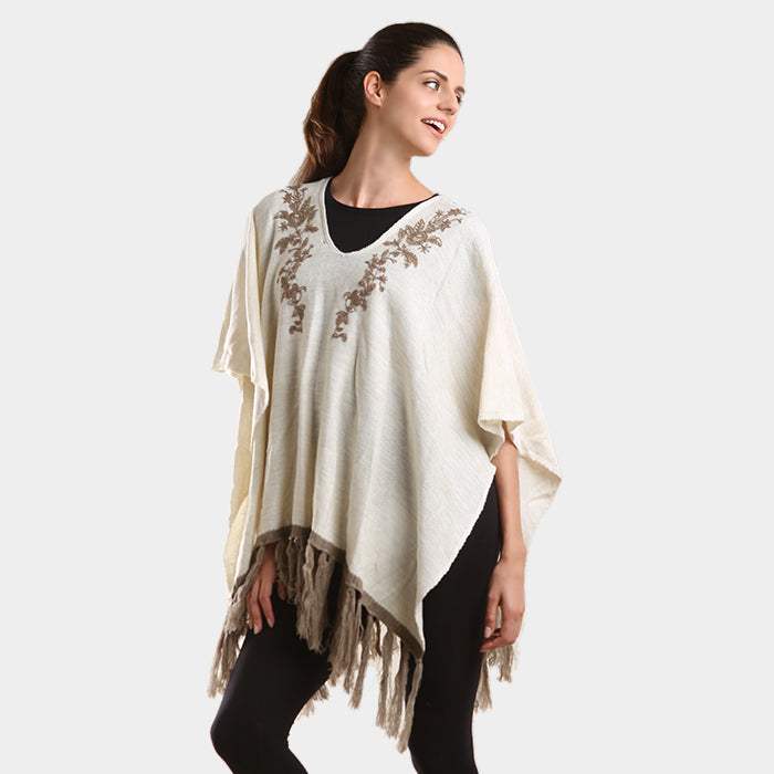 Embroidered flower vine & tassel poncho sweater - Madeline Love - Flyclothing LLC