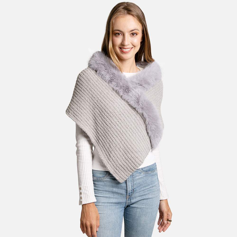 Faux Fur Pointed Solid Ribbed Shawl - Madeline Love - Flyclothing LLC