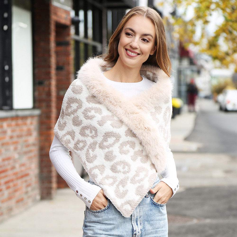 Faux Fur Trim Leopard Pattern Shawl Wrap - Madeline Love - Flyclothing LLC