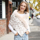 Faux Fur Trim Leopard Pattern Shawl Wrap - Madeline Love - Flyclothing LLC