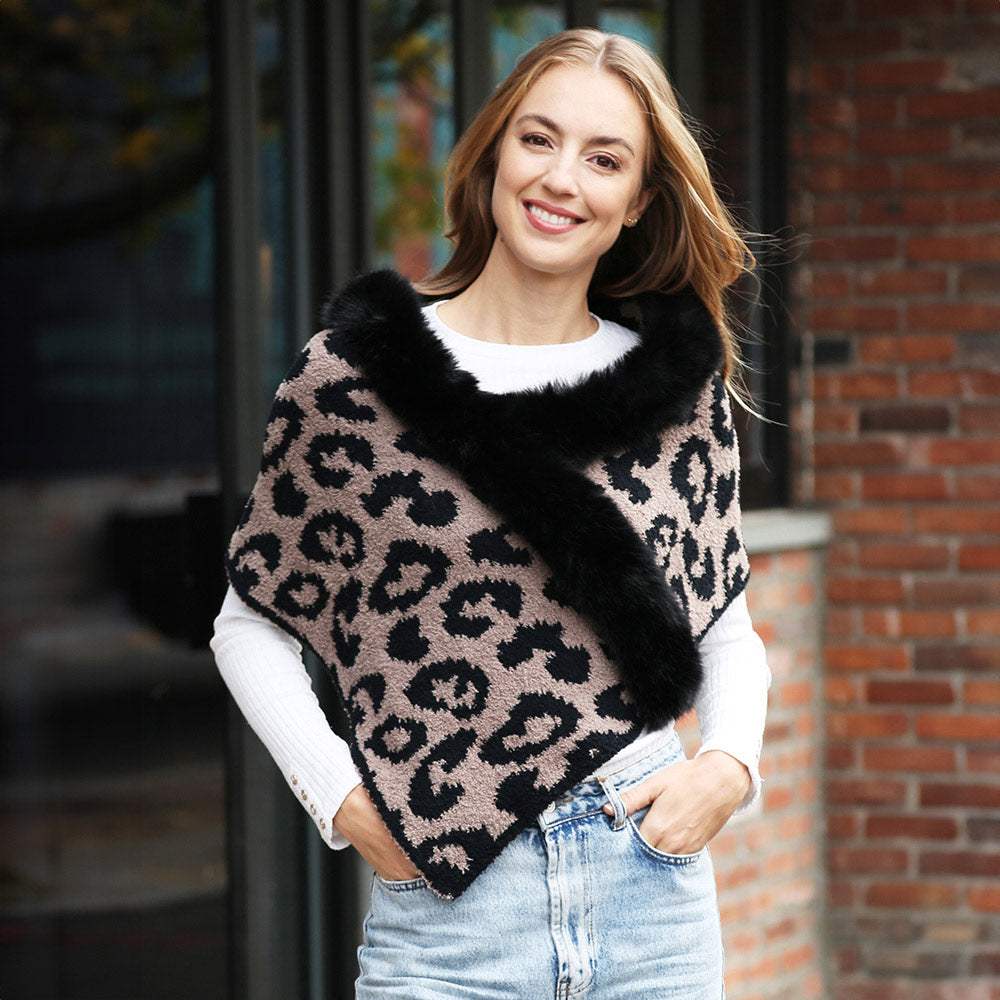 Faux Fur Trim Leopard Pattern Shawl Wrap - Madeline Love - Flyclothing LLC