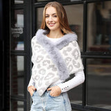 Faux Fur Trim Leopard Pattern Shawl Wrap - Madeline Love - Flyclothing LLC