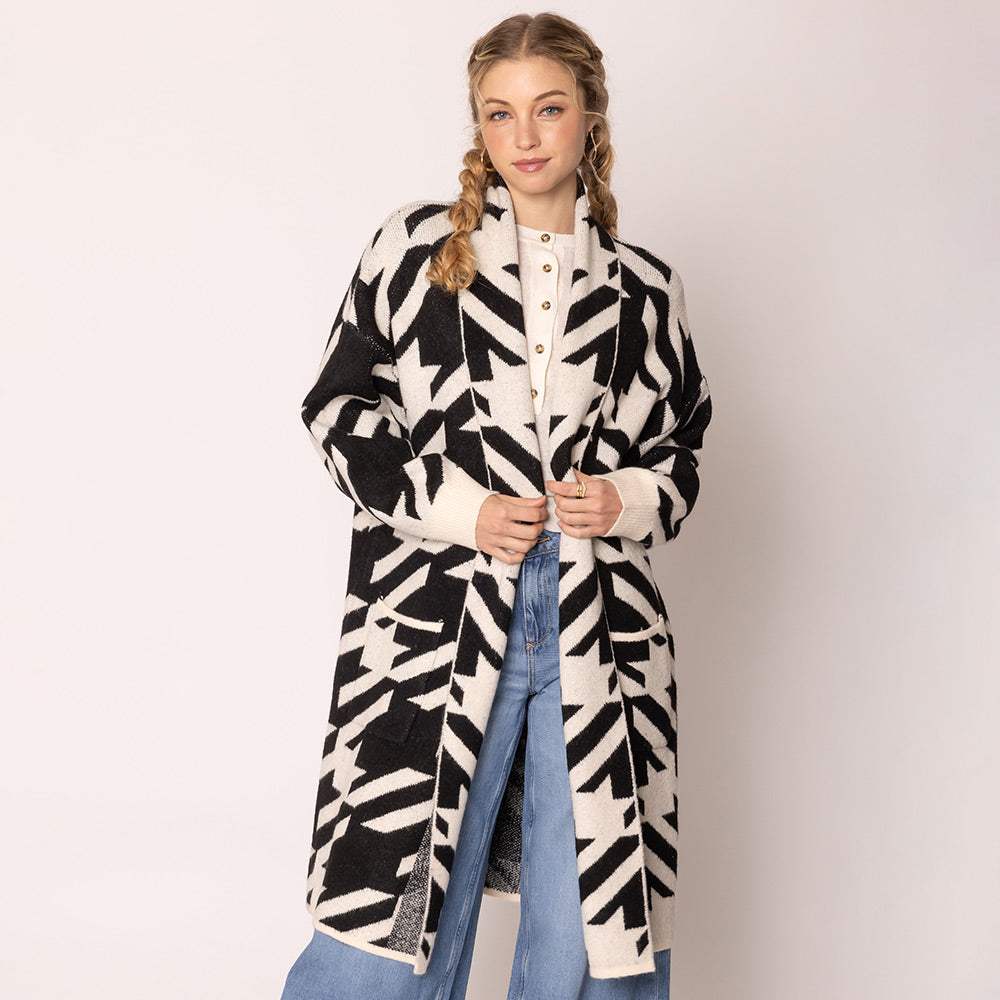 Open Front Houndstooth Pattern Long Cardigan - Madeline Love - Flyclothing LLC