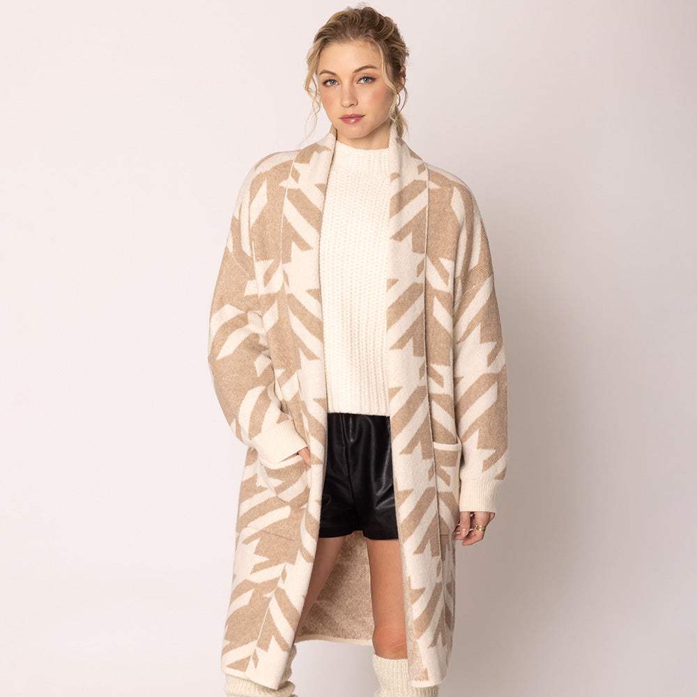 Open Front Houndstooth Pattern Long Cardigan - Madeline Love - Flyclothing LLC