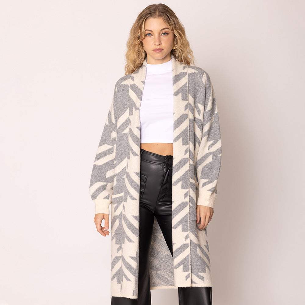 Open Front Houndstooth Pattern Long Cardigan - Madeline Love - Flyclothing LLC