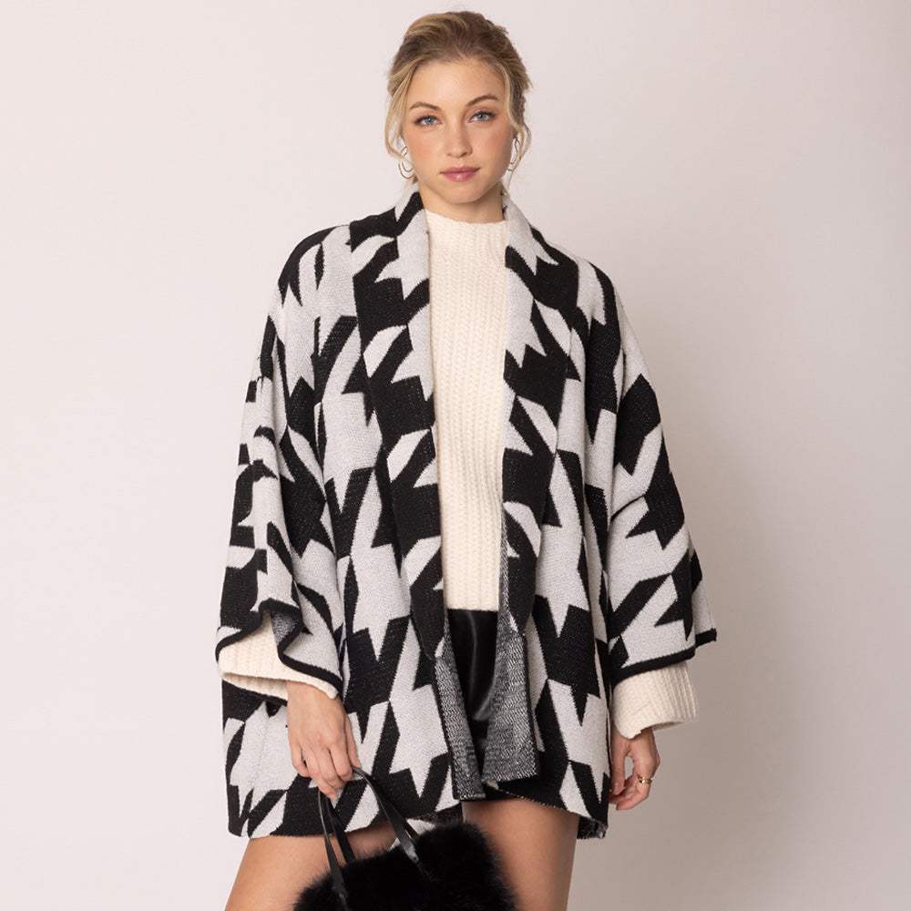Open Front Houndstooth Knit Pattern Cardigan - Madeline Love - Flyclothing LLC