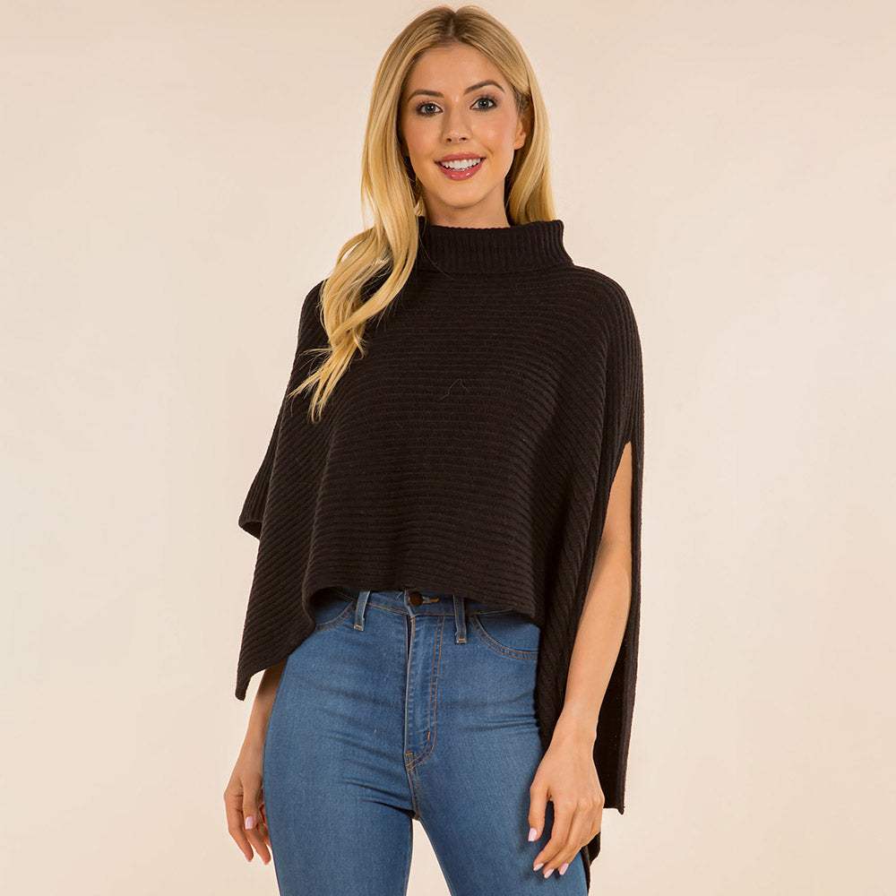 Mock Neck Ribbed Knit Asymmetrical Cape Poncho - Madeline Love - Flyclothing LLC