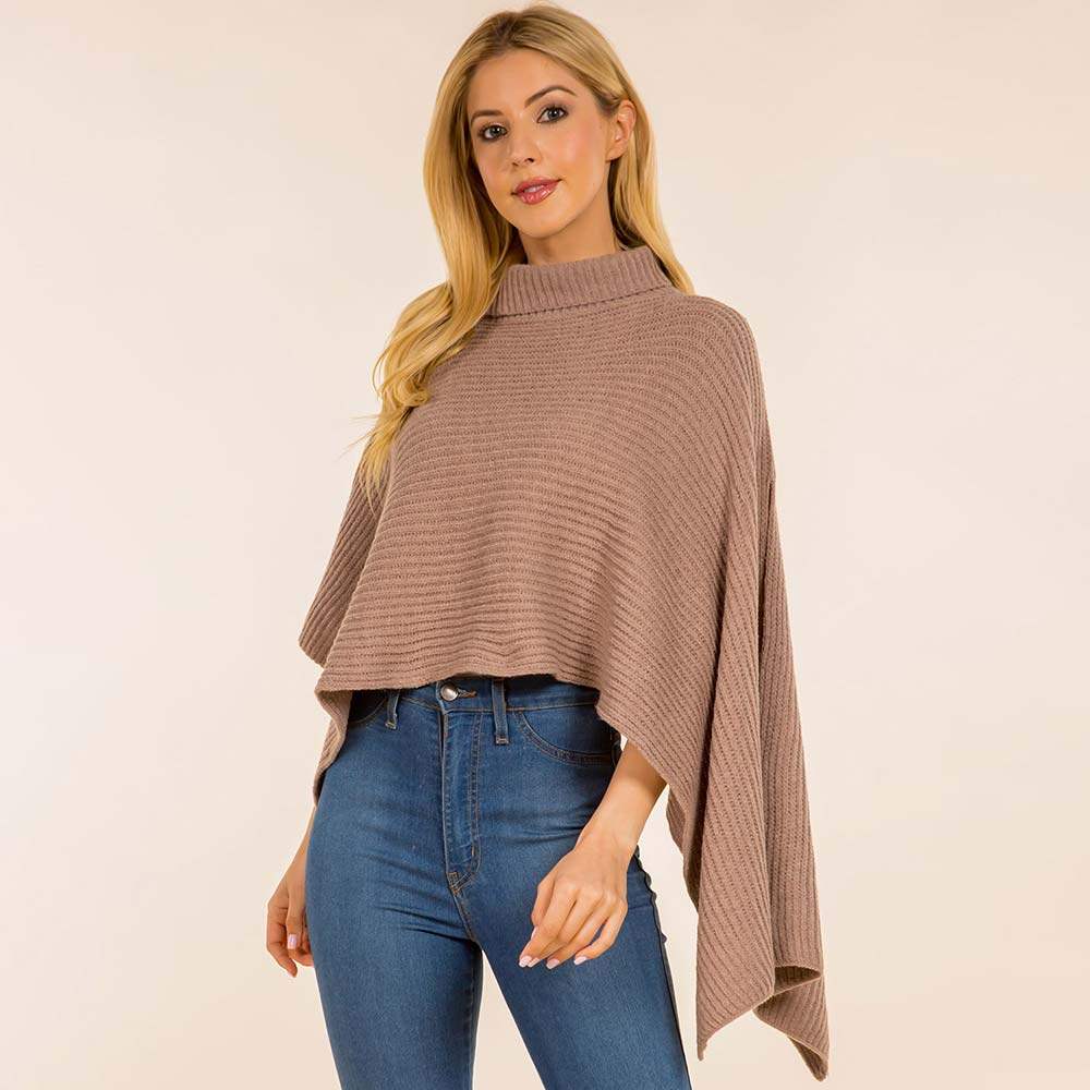 Mock Neck Ribbed Knit Asymmetrical Cape Poncho - Madeline Love - Flyclothing LLC