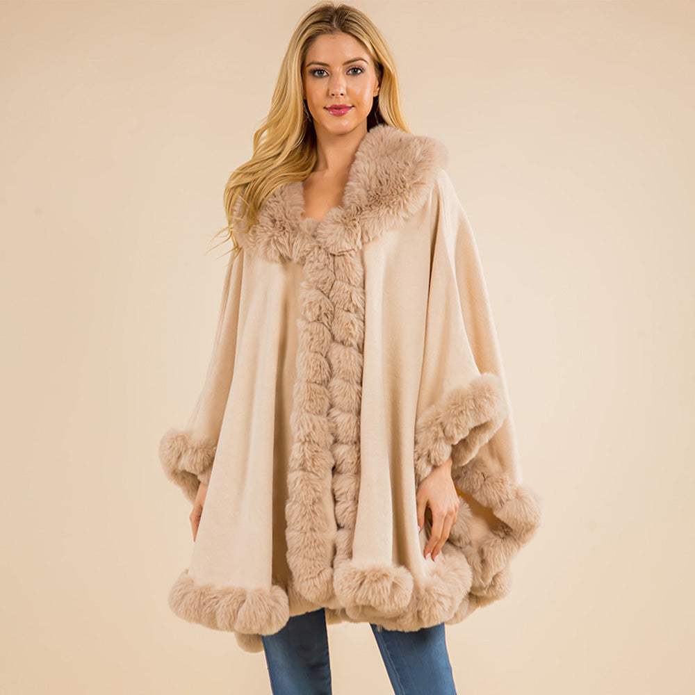 Faux Fur Trim Flowing Shawl Cape Poncho - Madeline Love - Flyclothing LLC