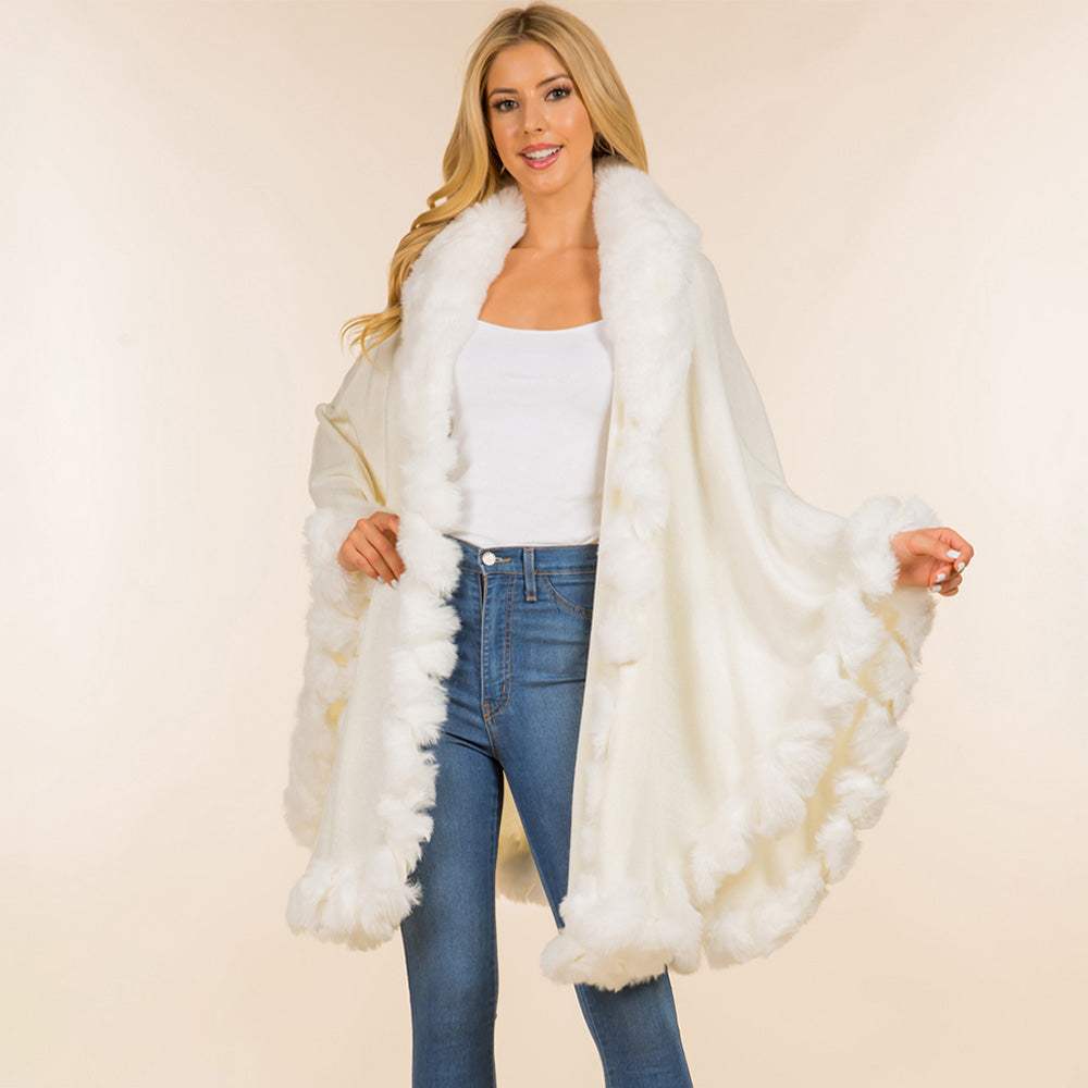 Faux Fur Trim Flowing Shawl Cape Poncho - Madeline Love - Flyclothing LLC
