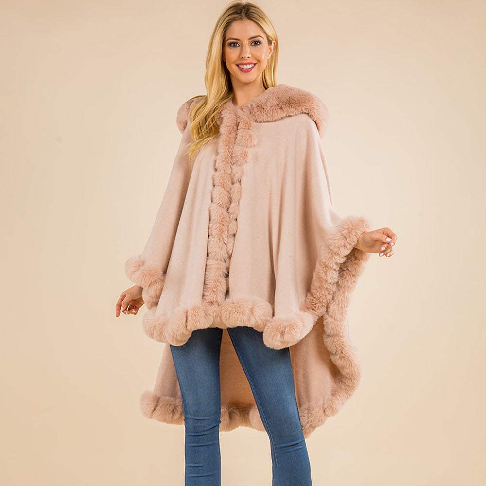 Faux Fur Trim Flowing Shawl Cape Poncho - Madeline Love - Flyclothing LLC