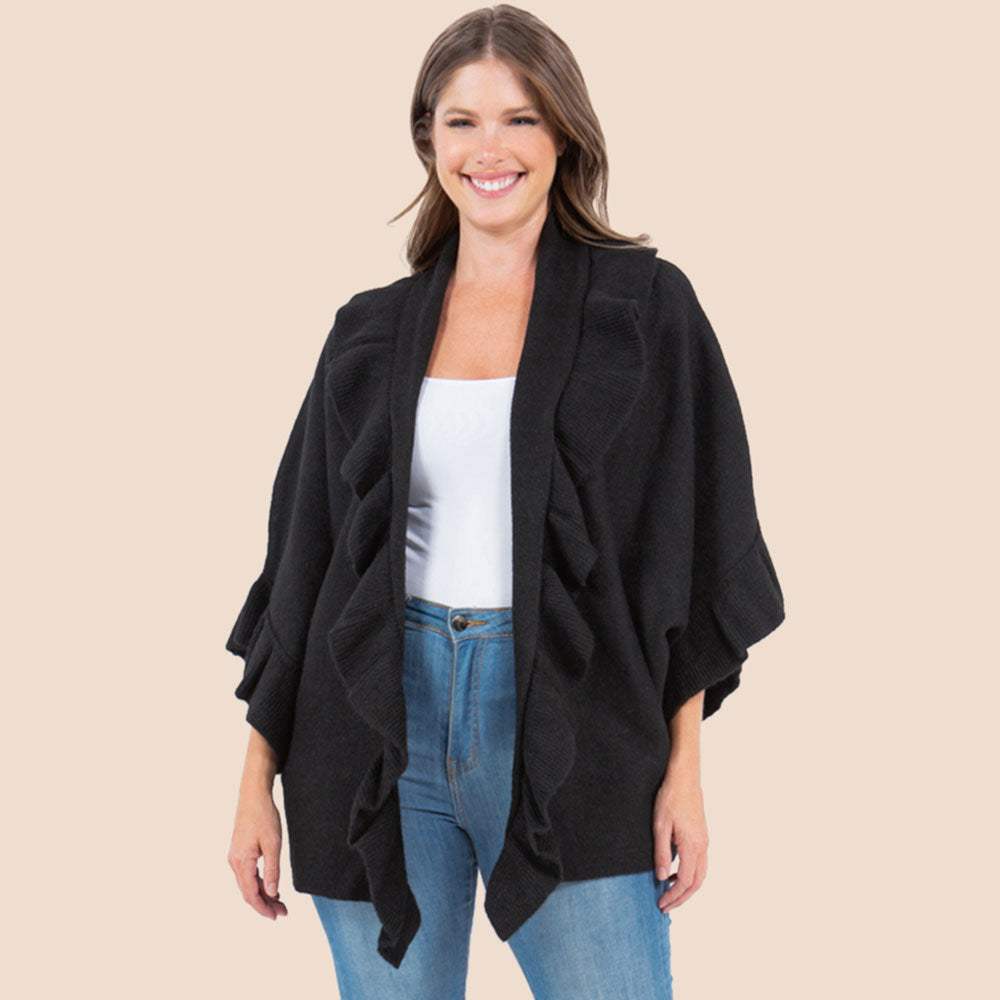 Solid Ruffle Accent Kimono Poncho - Madeline Love - Flyclothing LLC