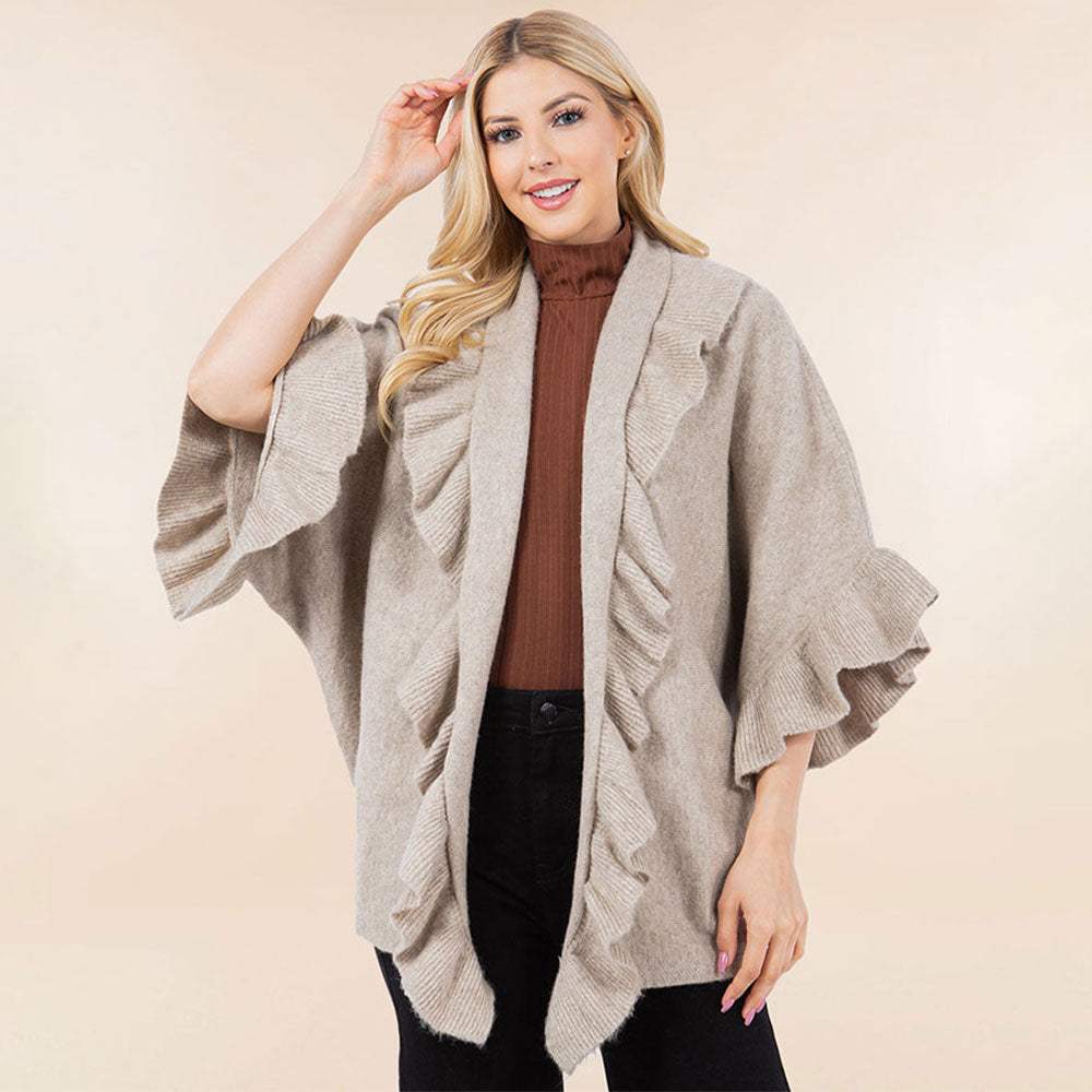 Solid Ruffle Accent Kimono Poncho - Madeline Love - Flyclothing LLC