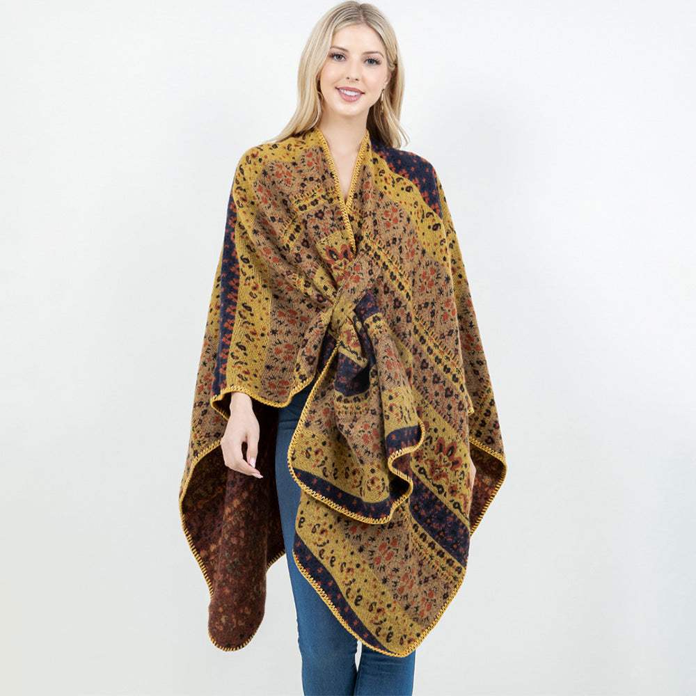 Open Front Bohemian Pattern Shawl Wrap with Loop - Madeline Love - Flyclothing LLC