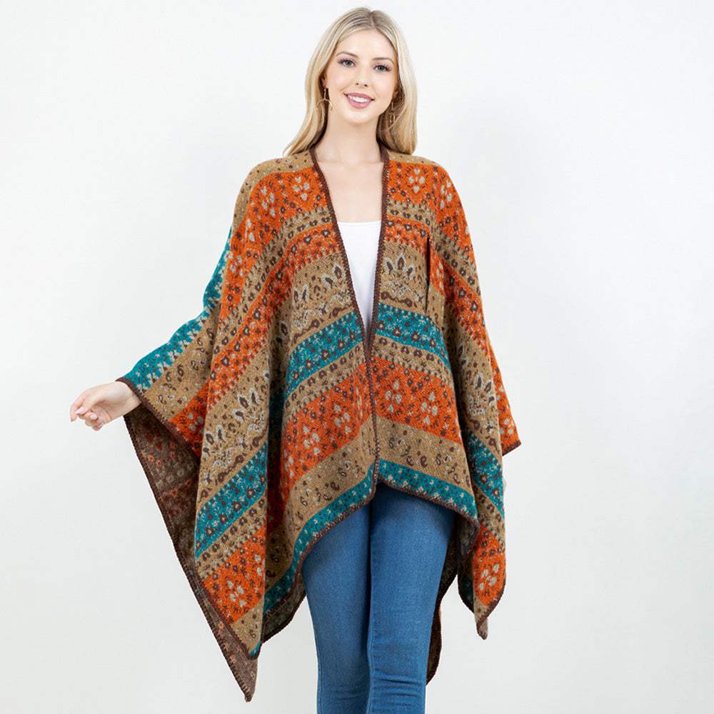 Open Front Bohemian Pattern Shawl Wrap with Loop - Madeline Love - Flyclothing LLC