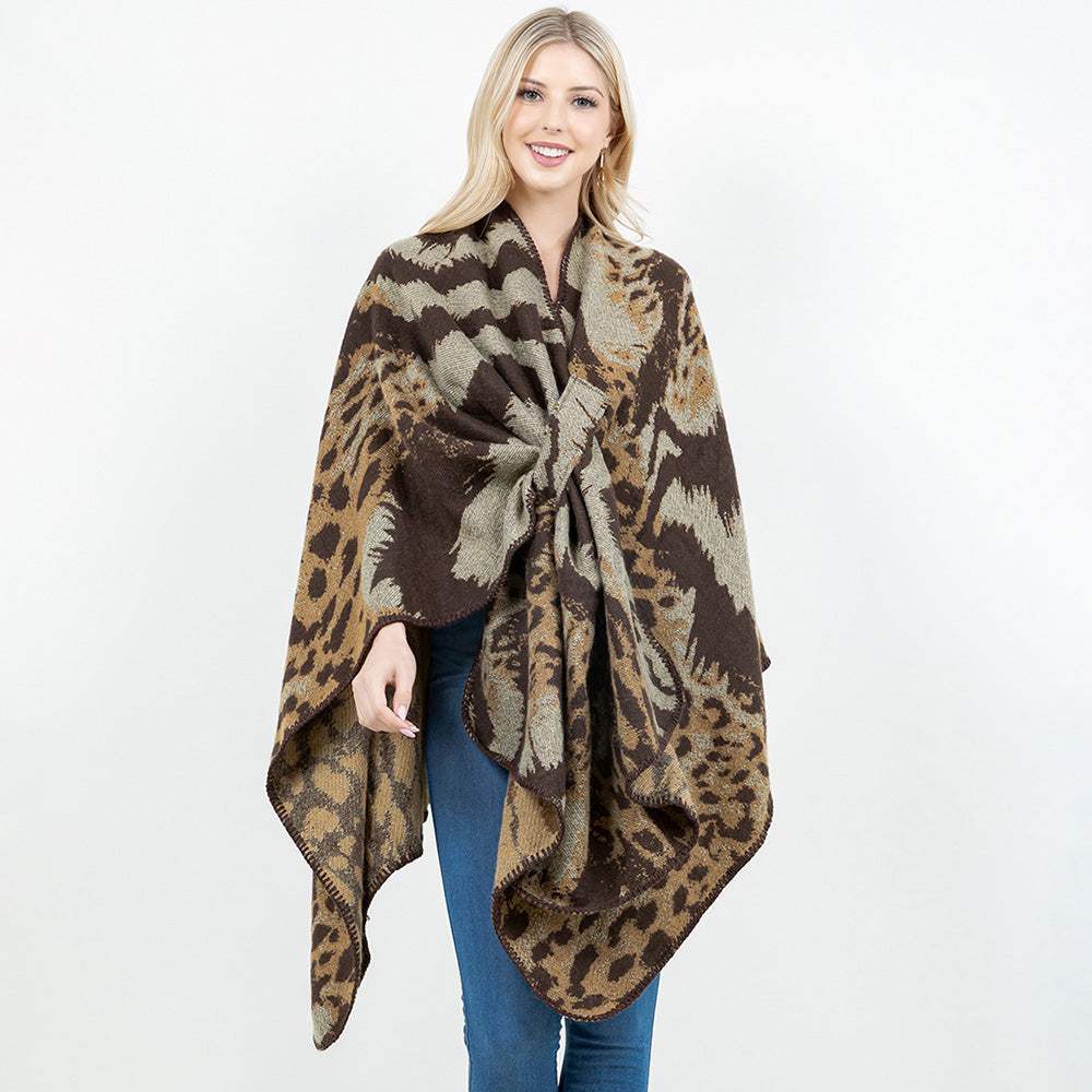 Open Front Abstract Animal Pattern Print Shawl Wrap Poncho with Loop - Madeline Love - Flyclothing LLC
