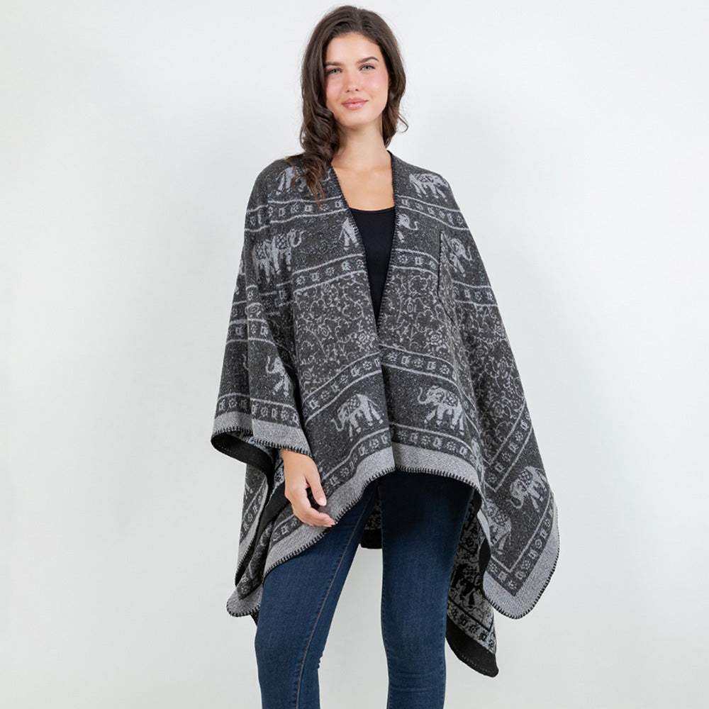 Open Front Elephant Pattern Print Shawl Wrap Poncho with Loop - Madeline Love - Flyclothing LLC