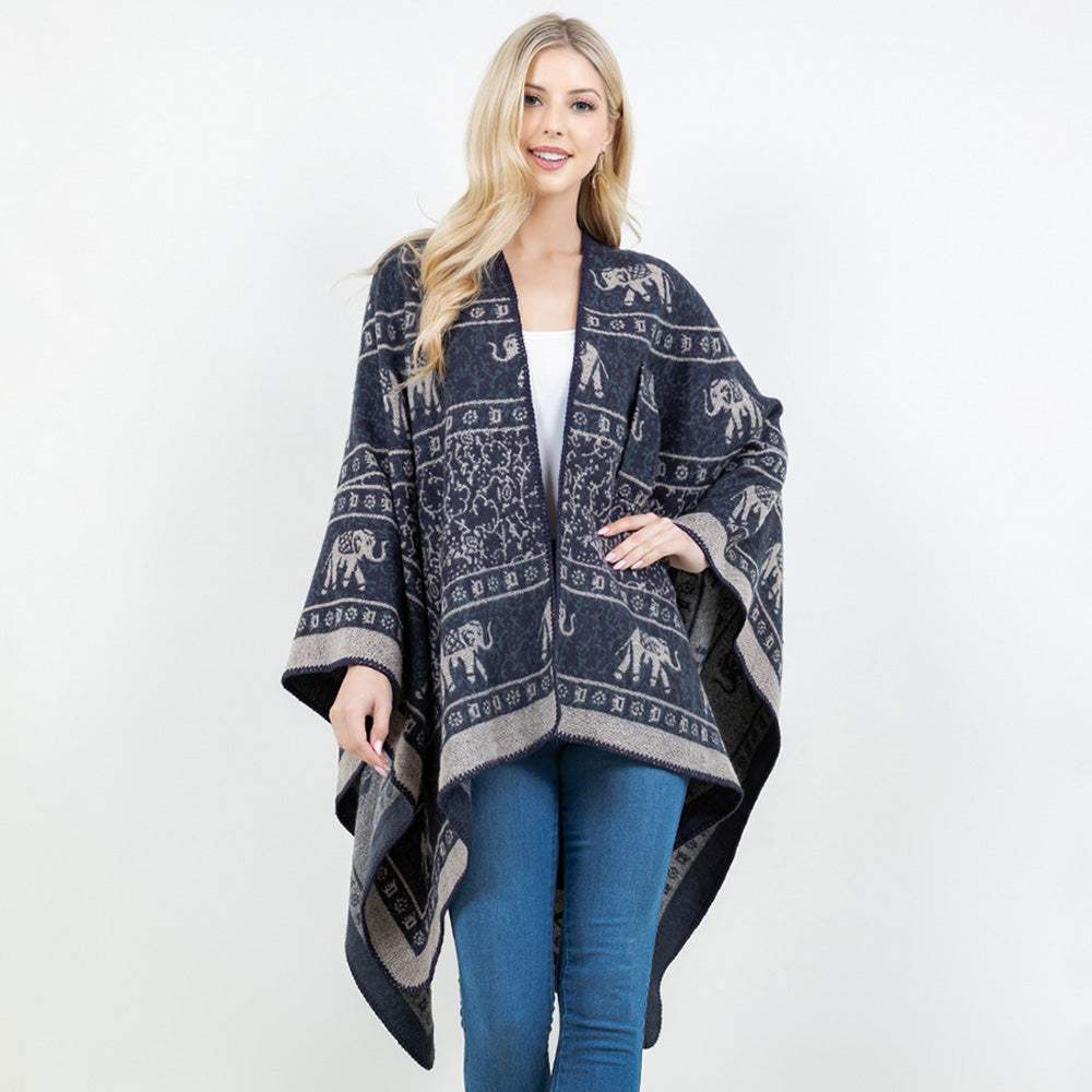 Open Front Elephant Pattern Print Shawl Wrap Poncho with Loop - Madeline Love - Flyclothing LLC