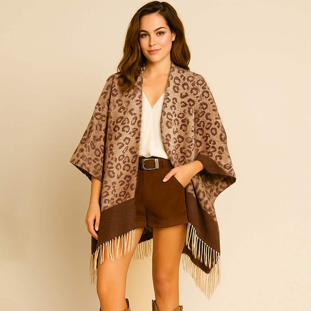 Leopard Print Open Front Fringe Hem Kimono Poncho - Madeline Love - Flyclothing LLC