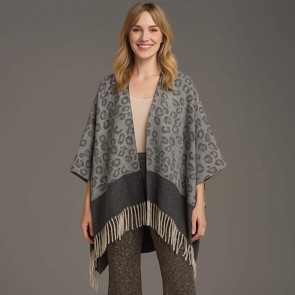 Leopard Print Open Front Fringe Hem Kimono Poncho - Madeline Love - Flyclothing LLC