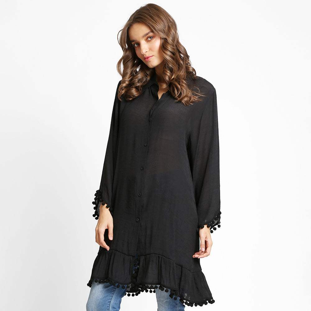 Boho Pom Pom Trim Button-Up Tunic Dress / Top Shirt - Madeline Love - Flyclothing LLC