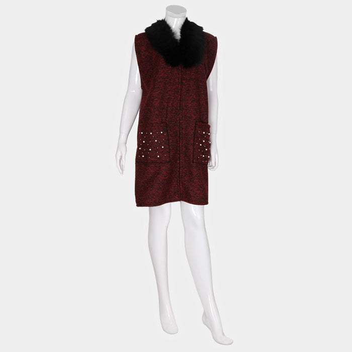 Pearl Embellished Pockets Detail Faux Fur Collar Vest - Madeline Love - Flyclothing LLC