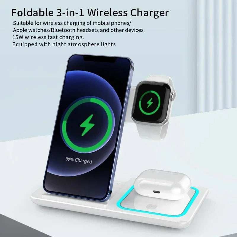 3 In 1 Wireless Charger Foldable LED Light Phone Stand For iPhone 16 15 14 13 12 Apple Watch10-2 AirPods Fast Charging Station - ZeeBelle.com - Flyclothing LLC