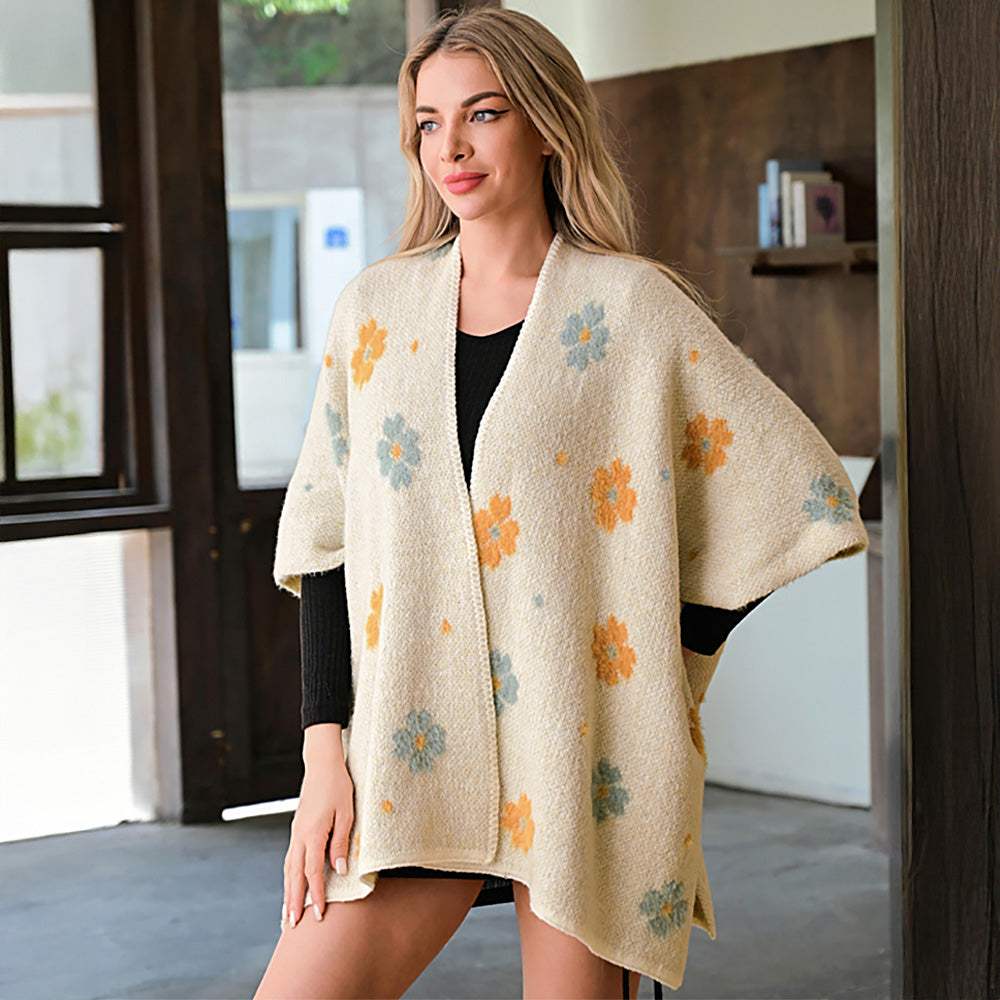 Cozy Relaxed Fit Open Front Floral Pattern Poncho - Madeline Love - Flyclothing LLC