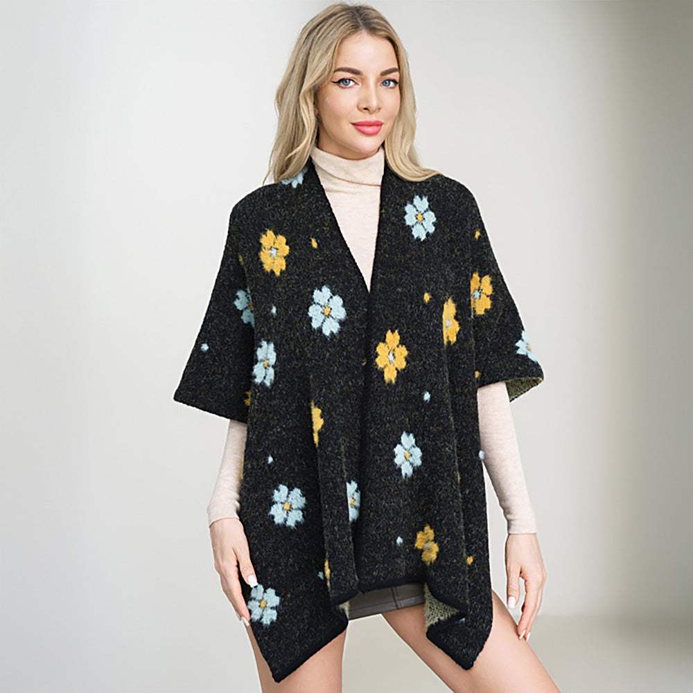 Cozy Relaxed Fit Open Front Floral Pattern Poncho - Madeline Love - Flyclothing LLC