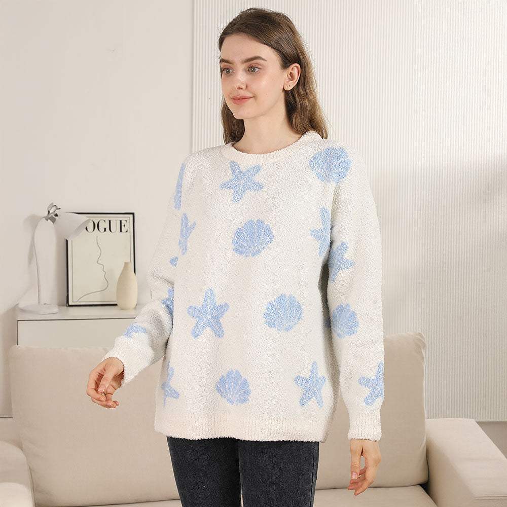 Seashell Starfish Pattern Crew Neck Sweater - Madeline Love - Flyclothing LLC