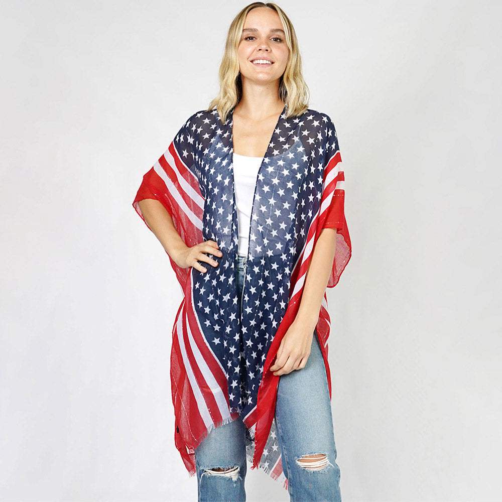 American Flag Print Kimono Poncho - Madeline Love - Flyclothing LLC