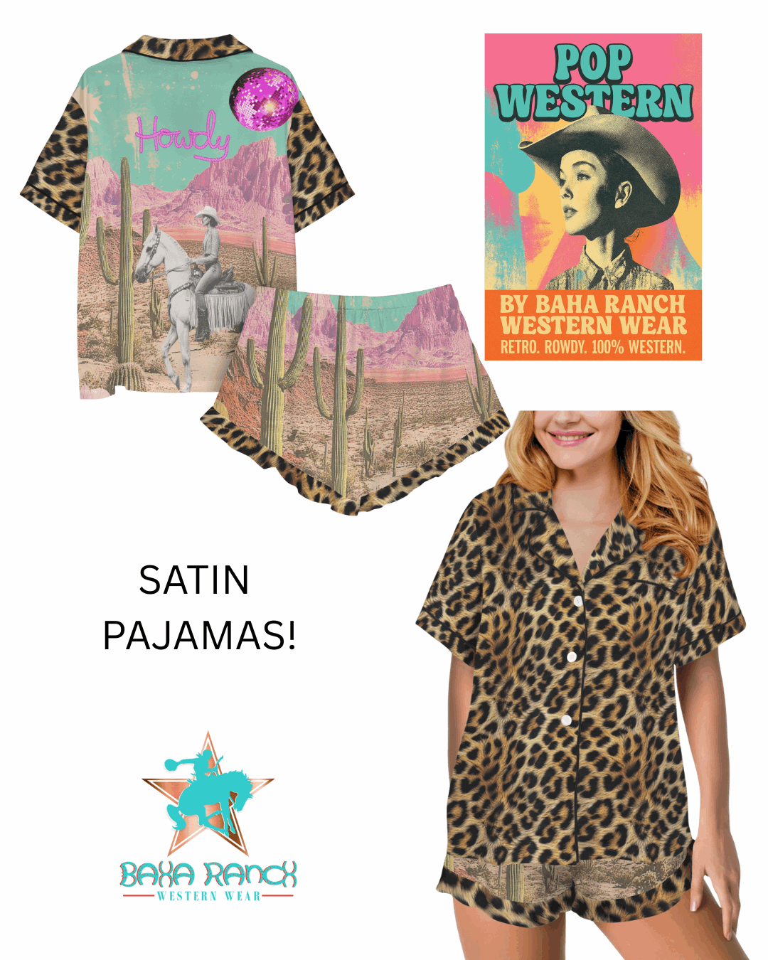 Baha Ranch Retro Pop Western Leopard Desert Cowgirl Satin Pajamas - Baha Ranch Western Wear - Flyclothing LLC