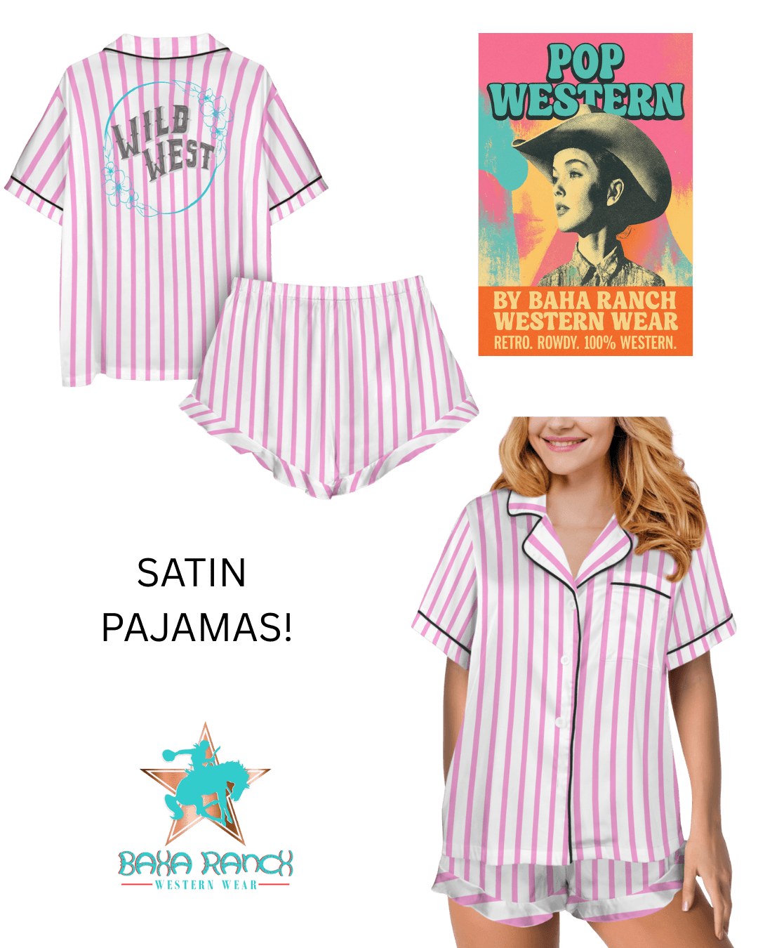 Baha Ranch Retro Pop Western Wild West Pink Pin Stripe Satin Pajamas