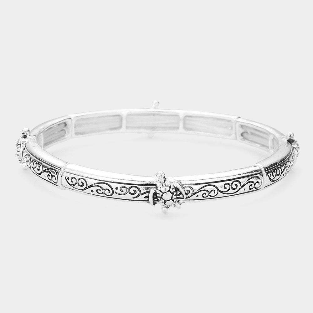 Turtle Accented Antique Metal Stretch Bracelet - Madeline Love - Flyclothing LLC