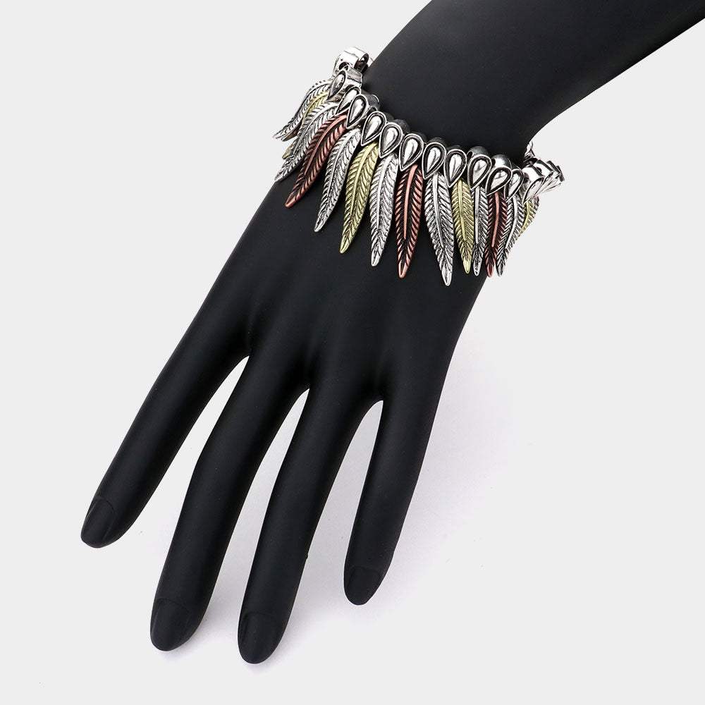 Antique Metal Feather Fringe Stretch Bracelet - Madeline Love - Flyclothing LLC
