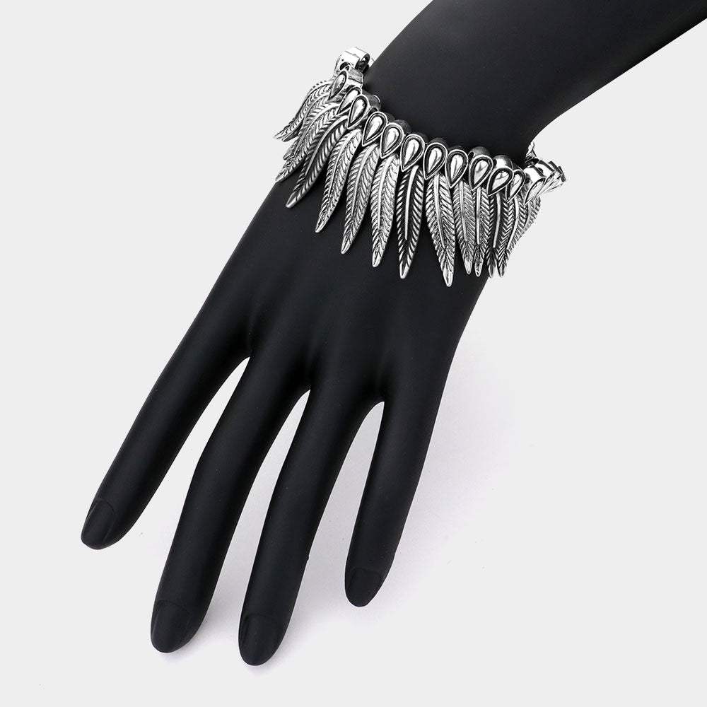 Antique Metal Feather Fringe Stretch Bracelet - Madeline Love - Flyclothing LLC