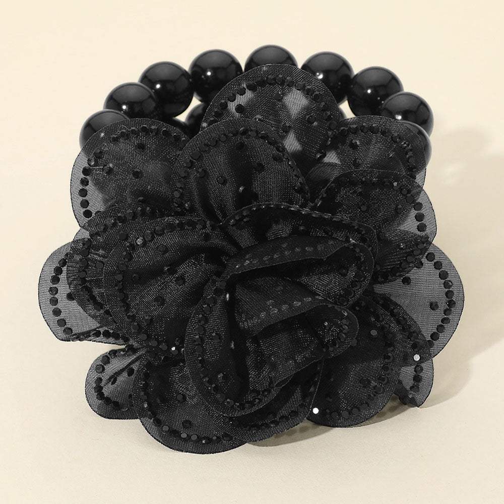 Bling Studded Fabric Flower Statement Faux Pearl Beaded Stretch Bracelet - Madeline Love - Flyclothing LLC