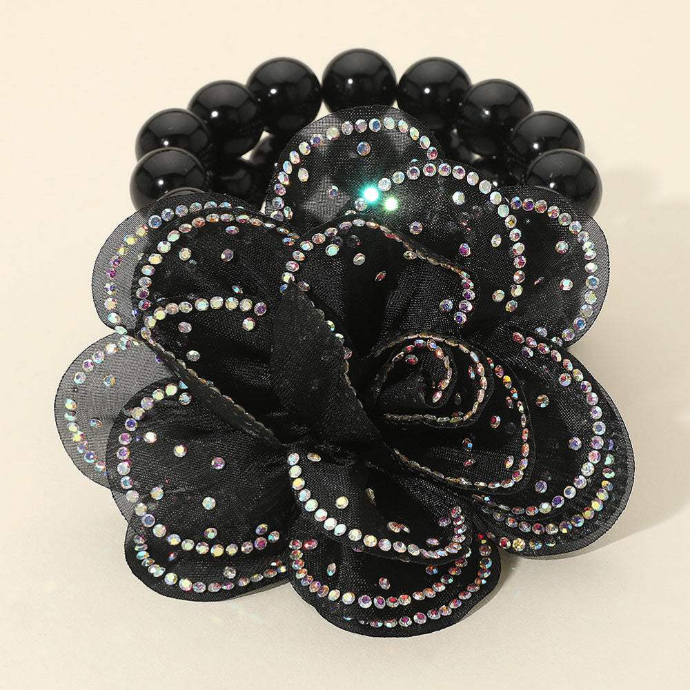 Bling Studded Fabric Flower Statement Faux Pearl Beaded Stretch Bracelet - Madeline Love - Flyclothing LLC