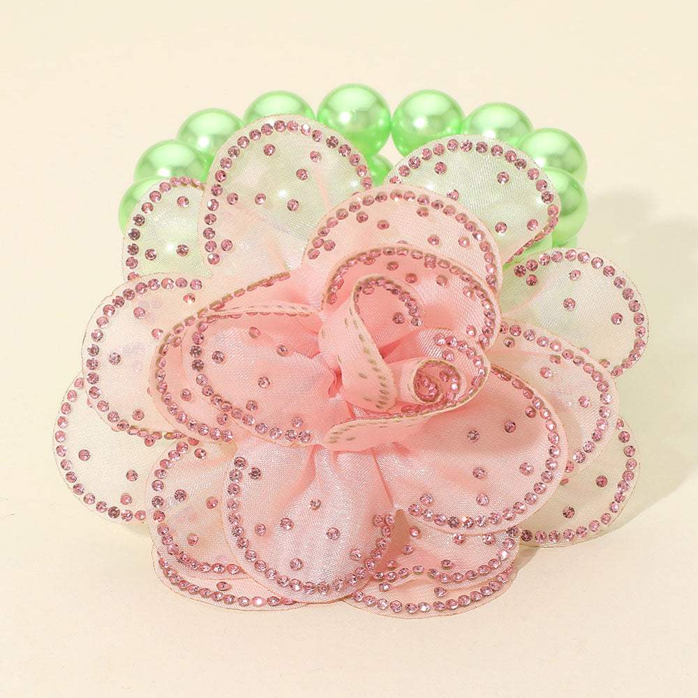Bling Studded Fabric Flower Statement Faux Pearl Beaded Stretch Bracelet - Madeline Love - Flyclothing LLC