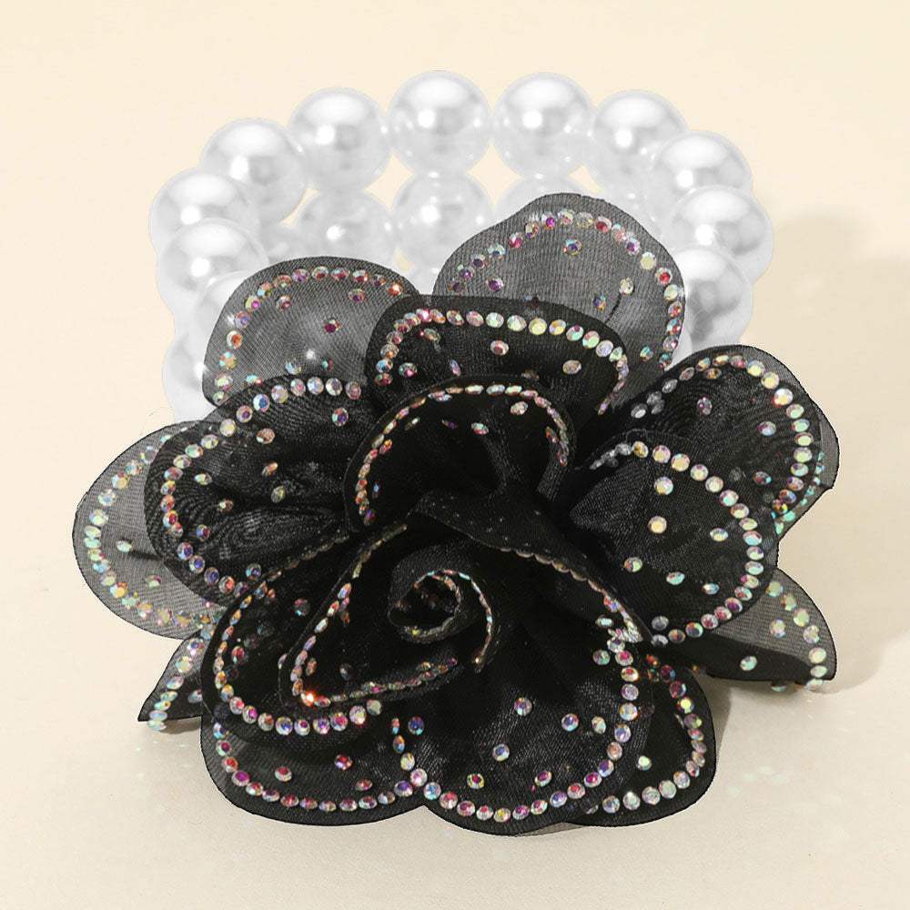 Bling Studded Fabric Flower Statement Faux Pearl Beaded Stretch Bracelet - Madeline Love - Flyclothing LLC