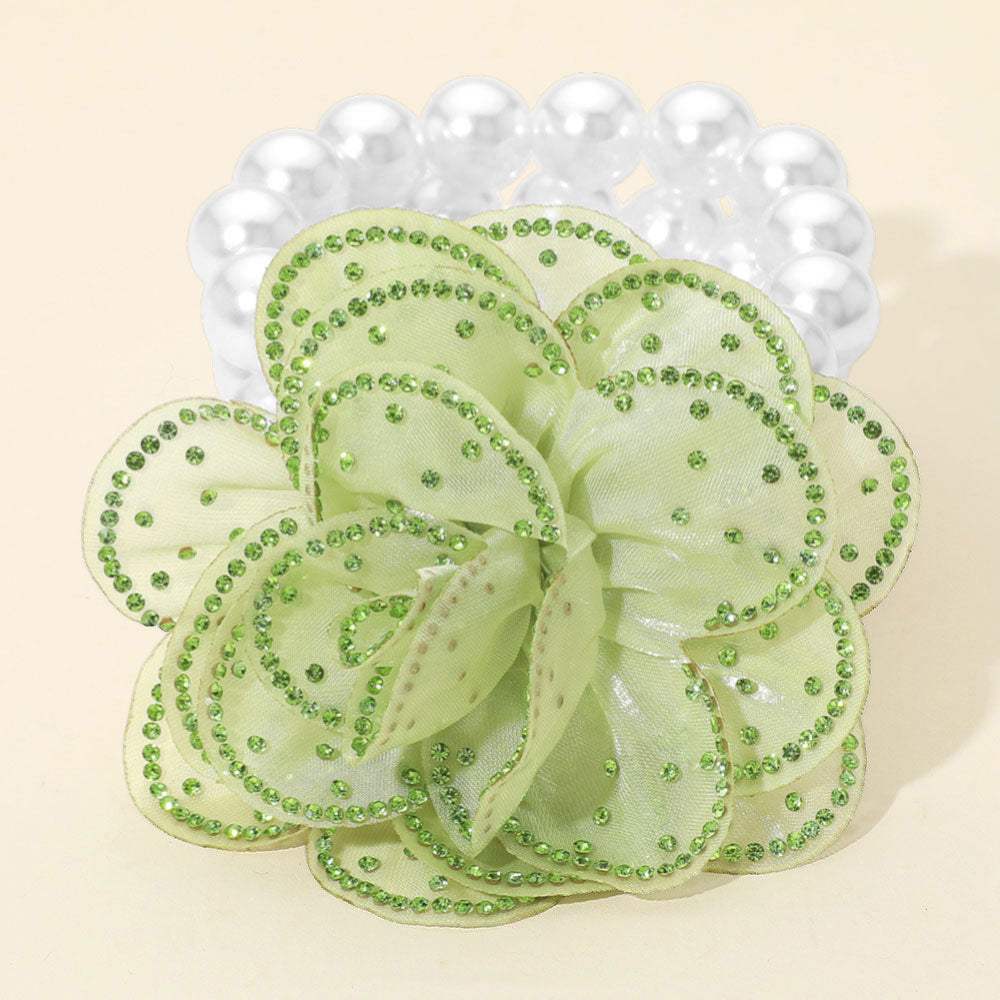 Bling Studded Fabric Flower Statement Faux Pearl Beaded Stretch Bracelet - Madeline Love - Flyclothing LLC