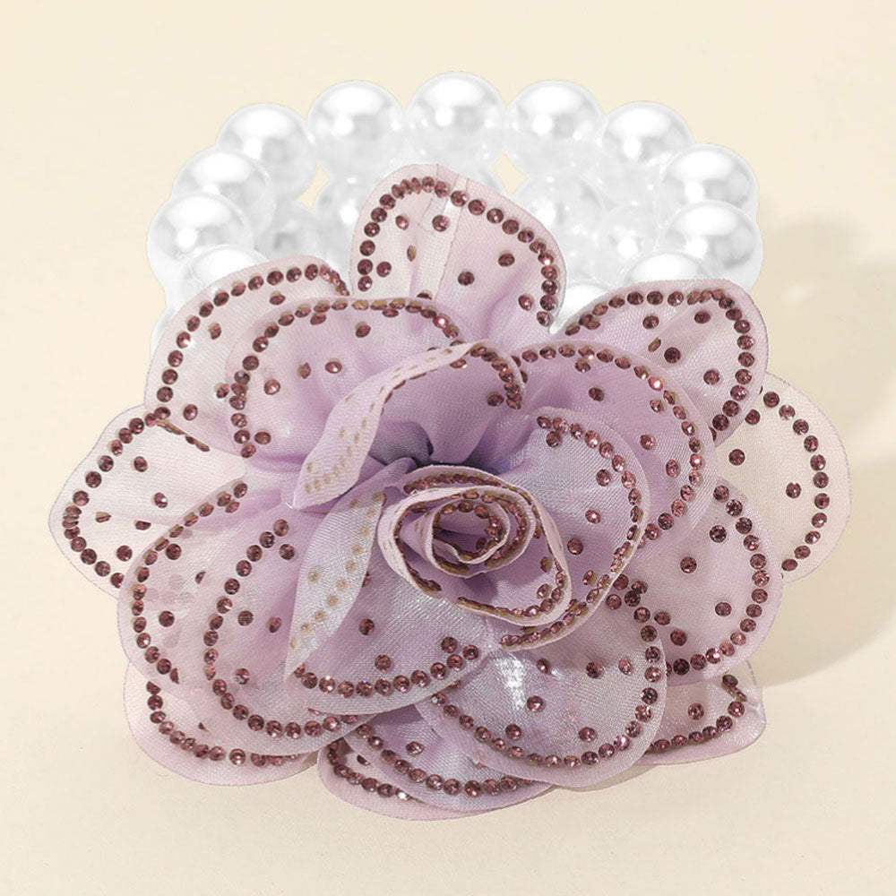 Bling Studded Fabric Flower Statement Faux Pearl Beaded Stretch Bracelet - Madeline Love - Flyclothing LLC