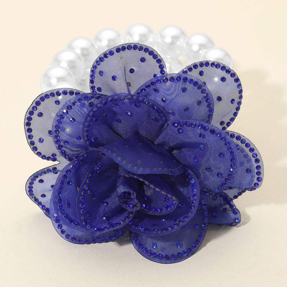 Bling Studded Fabric Flower Statement Faux Pearl Beaded Stretch Bracelet - Madeline Love - Flyclothing LLC