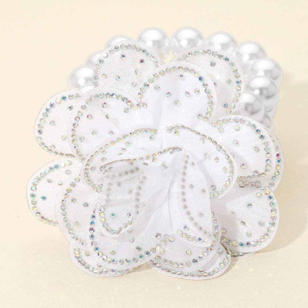 Bling Studded Fabric Flower Statement Faux Pearl Beaded Stretch Bracelet - Madeline Love - Flyclothing LLC